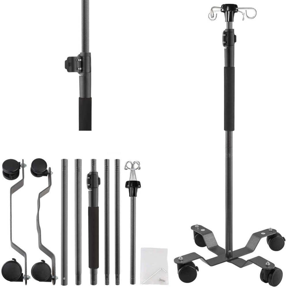47 in. to 100 in. Telescopic Stainless Steel IV Pole with Wheels and 4 Hooks, Black Portable Infusion Floor Stand