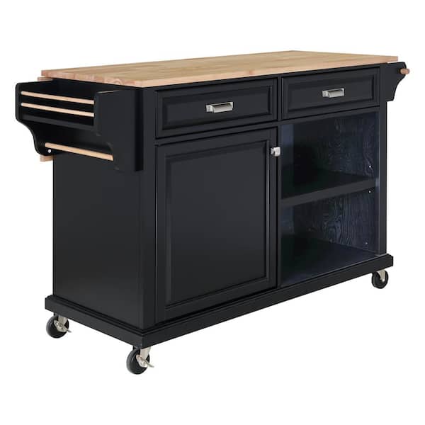 Black Wooden 57.5 in.. Kitchen Island with Foldable Drop-Leaf ...