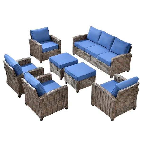Palermo Brown 7-Piece Wicker Modern Outdoor Modular Patio Conversation Sofa Seating Set with Navy Blue Cushions