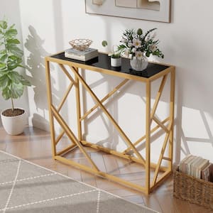 31.5 in. Black Rectangle Tempered Glass Top Console Table with Foot Pads Golden Heavy-duty Metal Frame