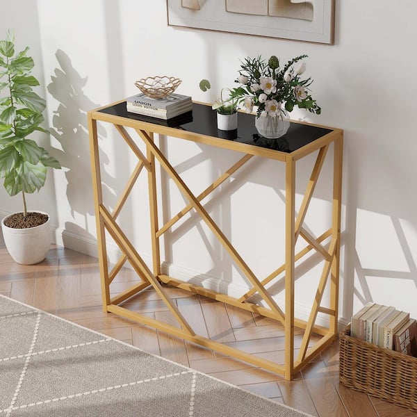 Costway 31.5 in. Black Rectangle Tempered Glass Top Console Table with Foot Pads Golden Heavy-duty Metal Frame