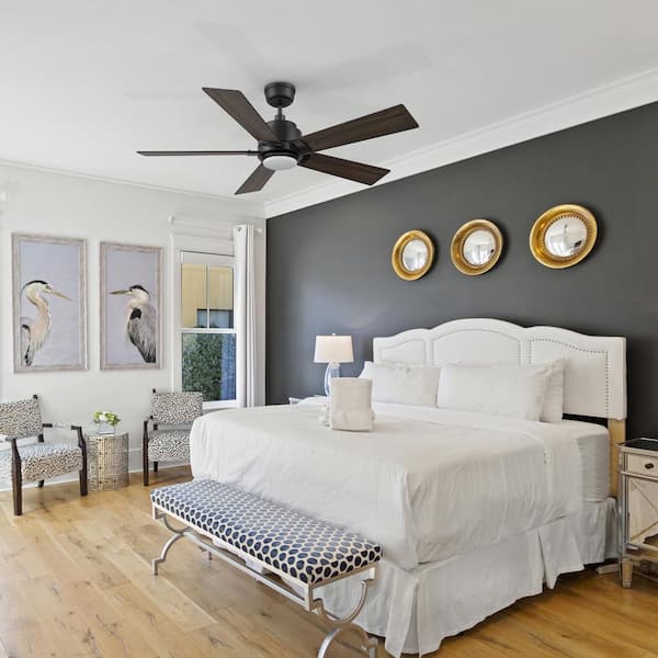 48 in. Smart Indoor/Outdoor Black Downrod LED Standard Ceiling Fan with Remote Control, Wall Control, 10-Speed DC Motor