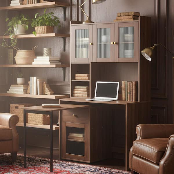 POKA 39.30 in. Walnut Brown 3-Drawer Computer Desk with Rotating Tabletop, Glass Door Cabinets, and Drawer