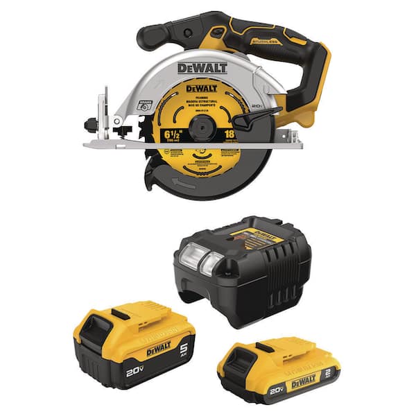 20V MAX Lithium-Ion Cordless Brushless 6-1/2 in. Sidewinder Style Circular Saw with 20V 5 Ah & 2 Ah Batteries & Charger