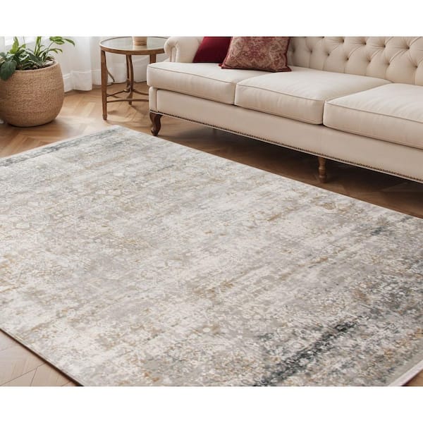 5 ft. x 8 ft. Gray Ivory and Brown Medallion Area Rug with Fringe