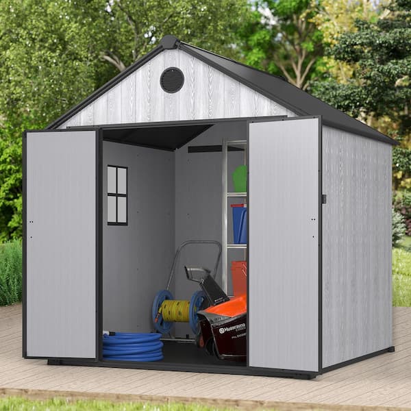 7.4 ft. W x 7.4 ft. D All-Weather Wood-Grain Resin Outdoor Plastic Storage Shed with Floor and Window (54 sq. ft. )
