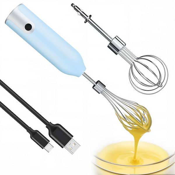 Light Blue Electric Hand Whisk, Cordless USB Rechargeable 3-Speed Stainless Steel Mixer for Baking Cooking