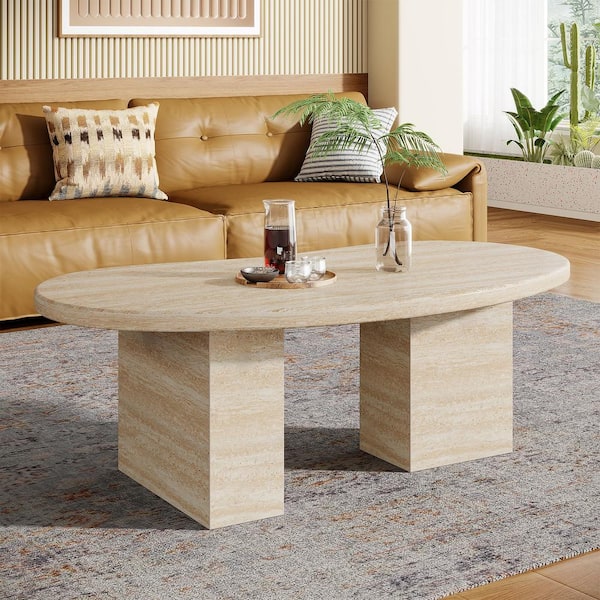 Allan 45 in. Oak Oval MDF Coffee Table with Asymmetric Pedestal