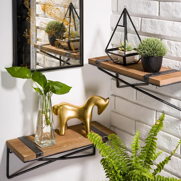 Glitzhome Rustic Farmhouse Metal Wooden Wall Shelf Set Of 2 1505202418 The Home Depot - Wood And Metal Wall Organizer Rustic Farmhouse