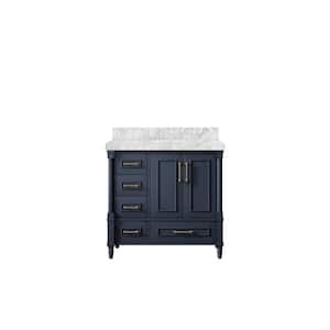 Hudson 36 in. W x 22 in. D x 36 in. H Right Offset Sink Bath Vanity in Navy Blue with 2 in Carrara Marble Top