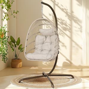 Foldable 350 lbs. 1-Person Wicker Porch Swing with Beige Body, Beige Custion without Cover, Hanging Egg Chair with Stand