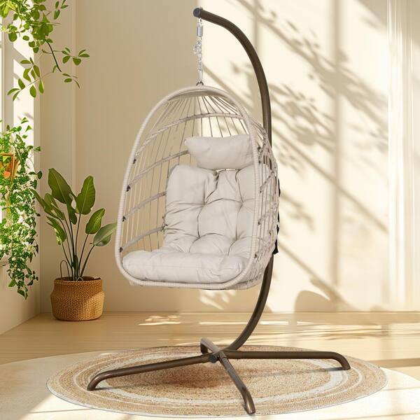 NICESOUL Foldable 350 lbs. 1 Person Wicker Porch Swing with Beige Body Beige Custion without Cover Hanging Egg Chair with Stand HH 0036 The Home Depot