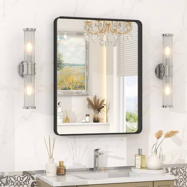 22 in. W. x 30 in. H Rectangular Framed French Cleat Wall Mounted Tempered Glass Bathroom Vanity Mirror in Matte Black