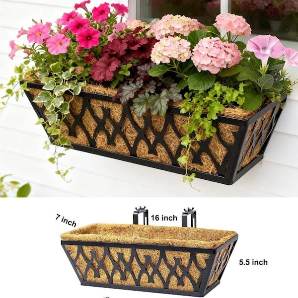Justincity 16" Black Carbon Steel Railing Planter, Heavy Duty Drainage Hanging Window Box Planters, Outdoor Flower Basket 4Pck