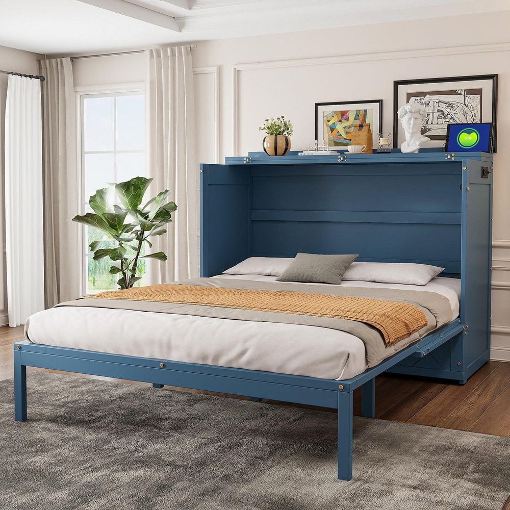 Navy Blue MDF Frame Queen Size Murphy Bed with Drawer and a Set of Sockets and USB Ports price history on PriceWatchPro