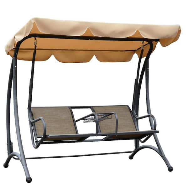 FORCLOVER 2-Person Black Metal Patio Swing Bench Chair with Brown Canopy Storage Tray and Drink Holder