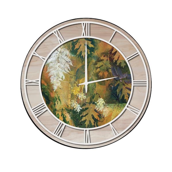 Unbranded "Leaves Maple and Fern" Woodgrain Accent and White Numbers Imaged Wall Clock