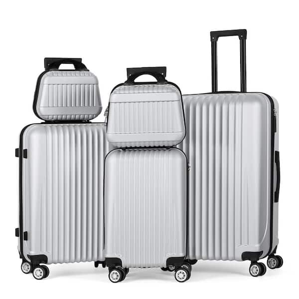 Hikolayae Luggage 5-Piece Sets, Vertical Stripe Luggage Set with Spinner Wheels Durable Lightweight Travel Set Silver