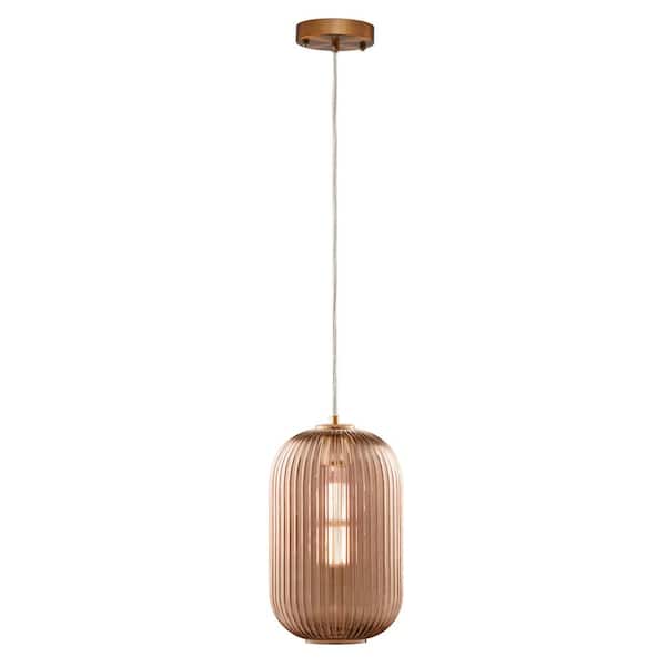 CARRO Cygnus 1-Light Amber Pendant with Cylinder Design Ribbed Glass Shade