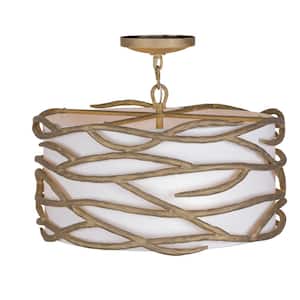 Branch Reality 20 in. 4-Light Ashen Gold Semi-Flush Mount with White Fabric Shade and No Bulbs Included