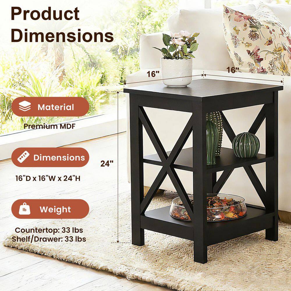 Black MDF Modern 16 in. Width Accent Square End Table with 3-Tier Side Table (2 Sets) - thumbnail 2