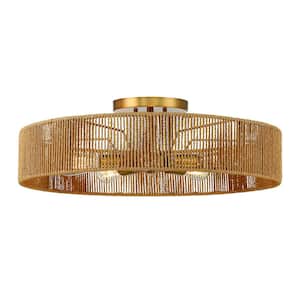 Ashe Large 24 in. W x 8 in. H 5-Light Warm Brass Semi-Flush Mount Ceiling Light with Open Organic Rope Shade