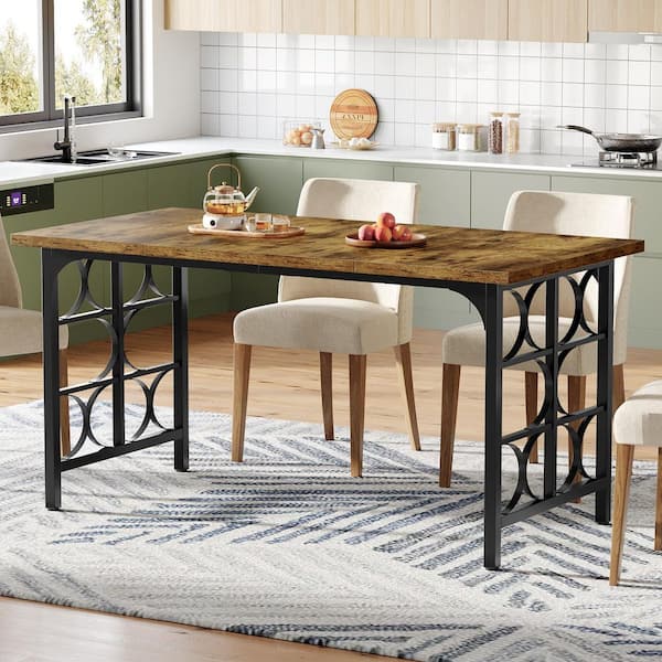 Halseey Brown Black 55 in Wood Rectangle 4 Legs Dinner Kitchen Dining Table Seat 6 Heavy Duty Frame Farmhouse Simple