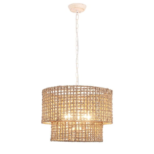5-Light 2-Tier Distressed White Farmhouse Chandelier Woven Rattan Hanging Pendant Light Fixture