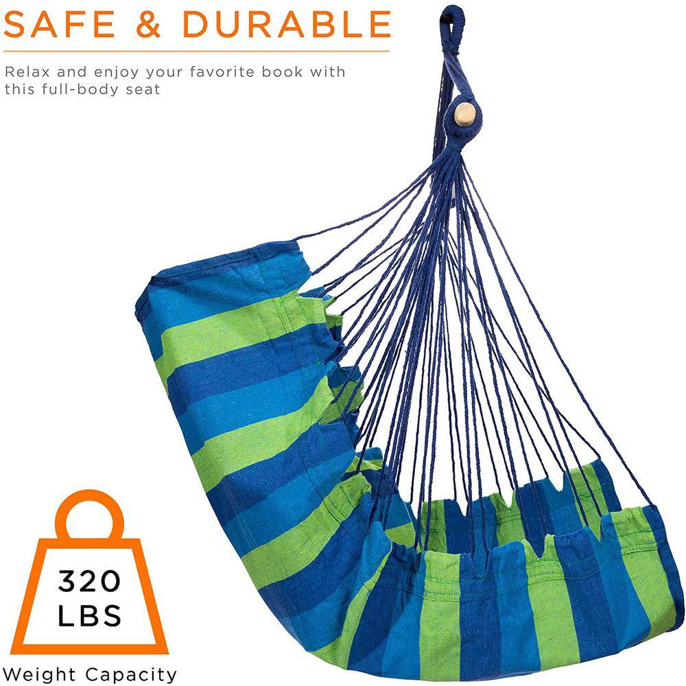 Blue and Green Striped Hanging Hammock Chair with Cushions