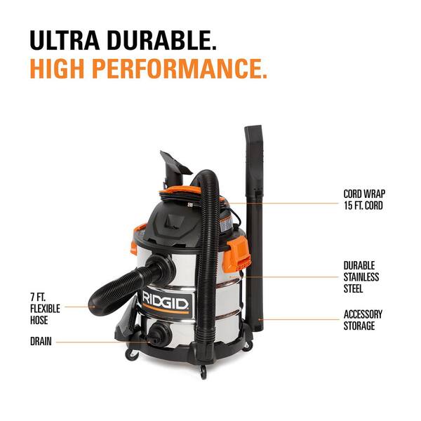 Ridgid 10 Gal 6 0 Peak Hp Stainless Steel Wet Dry Shop Vacuum With Filter Dust Bags Hose And Accessories Wd1060a The Home Depot Ridgid 10 Gal 6 0 Peak Hp Stainless Steel Wet Dry Shop Vacuum With Filter Dust Bags Hose And Accessories Wd1060a The Home Depot