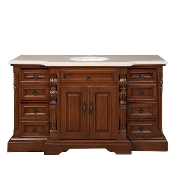 Silkroad Exclusive 60 in. W x 22 in. D Vanity in English Chestnut with Marble Vanity Top in Crema Marfil with White Basin