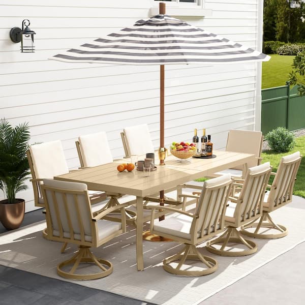 AluLux 9-Piece Beige Aluminum Outdoor Dining Set with 8-Swivel Dining Chairs and Washable Beige Cushions