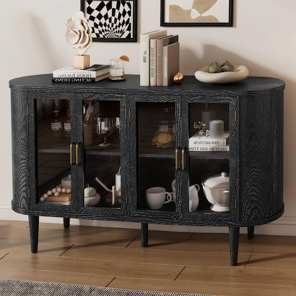 Farmhouse Collection Black Wood 60 in. W Sideboard with Adjustable Shelves and Glass Doors