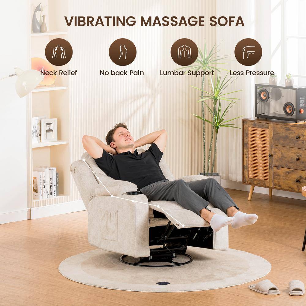 Cream White Fabric Swivel Recliner with Massage and Heat