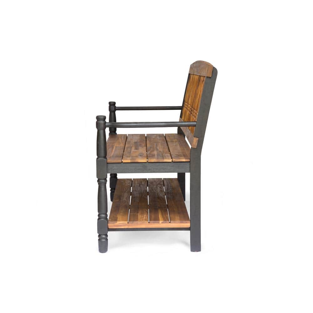 Teak and Black Acacia Wood Bench with Shelf, 51"