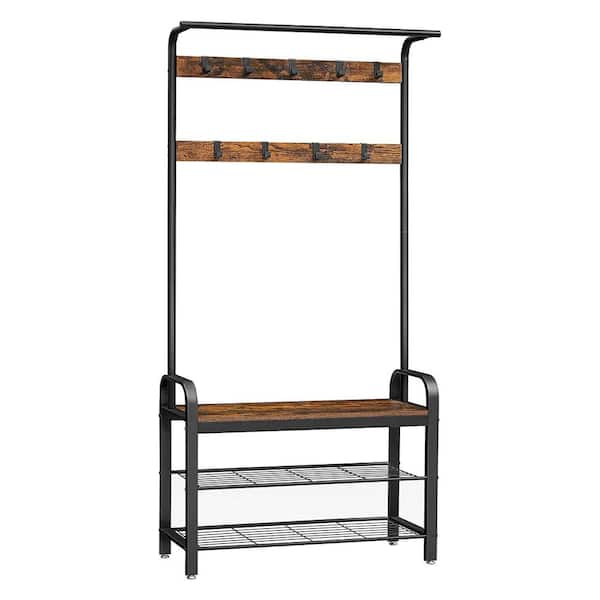 Benjara Brown and Black Dining Bench Backless with 9 Hooks and Slatted Metal Shelf 72 in.