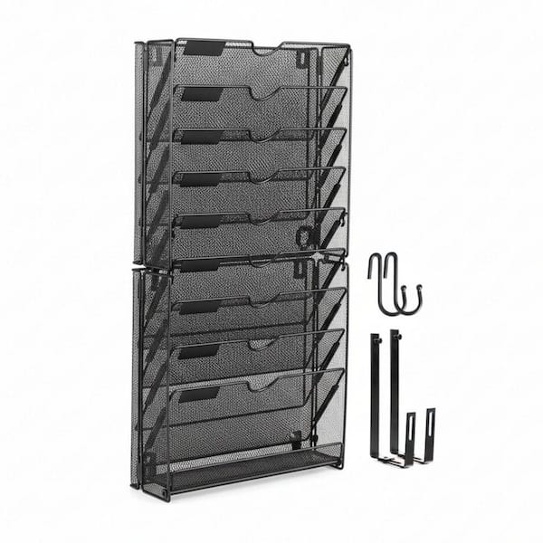 12.8 in.W x 25.2 in. H Black Metal 10 Pockets Mesh Hanging File Organizer,Wall Organizer Magazine Rack