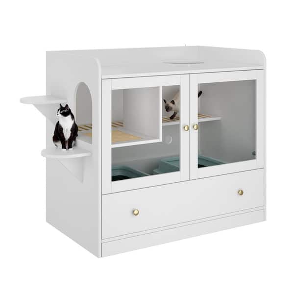 WIAWG Luxury Cat Litter Box Enclosure, XL Multi-Purpose Cat Condo Hidden Litter Box with Large Drawer and Stairs for Most Cats