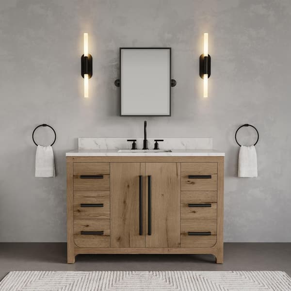 Perris 48 in. Single Sink Bath Vanity in Weathered Oak with Carrara White Engineered Stone Top