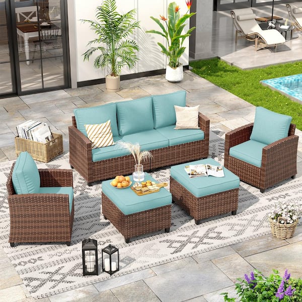 Brown Wicker 5-Person Patio Conversation Set With Blue Cushions(1-3-Seat Sofa, 2 Single Sofa, 2 Ottomans)