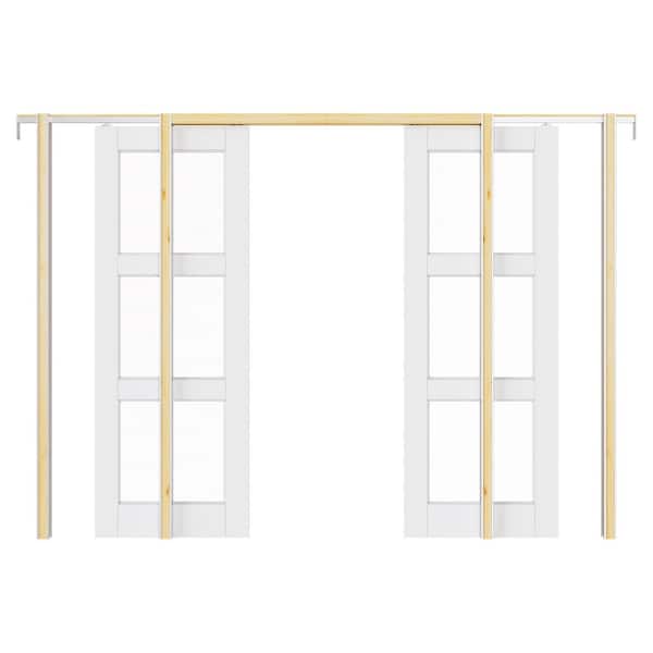 56 in. x 80 in. 3-Lite Solid Core Wood Primed White Clear Glass Double Sliding Pocket Door with Hardware and Soft Close