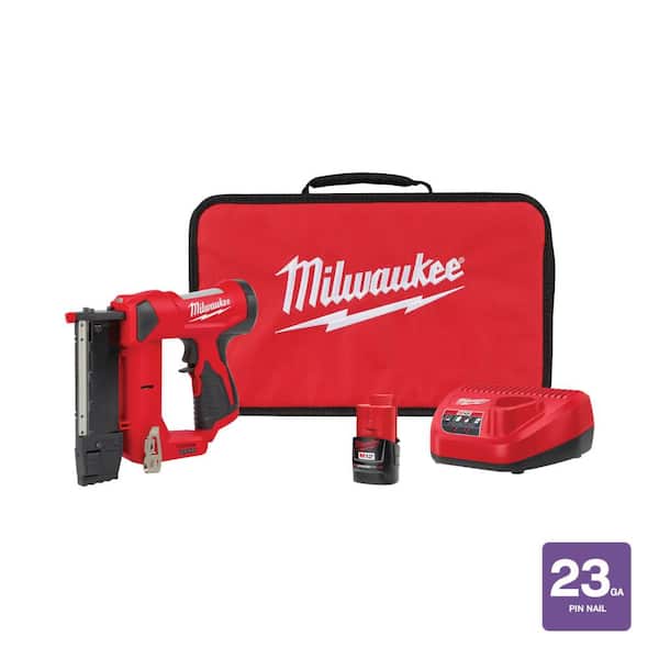 Milwaukee M12 12-Volt 23-Gauge Lithium-Ion Cordless Pin Nailer Kit with 1.5 Ah Battery, Charger and Tool Bag