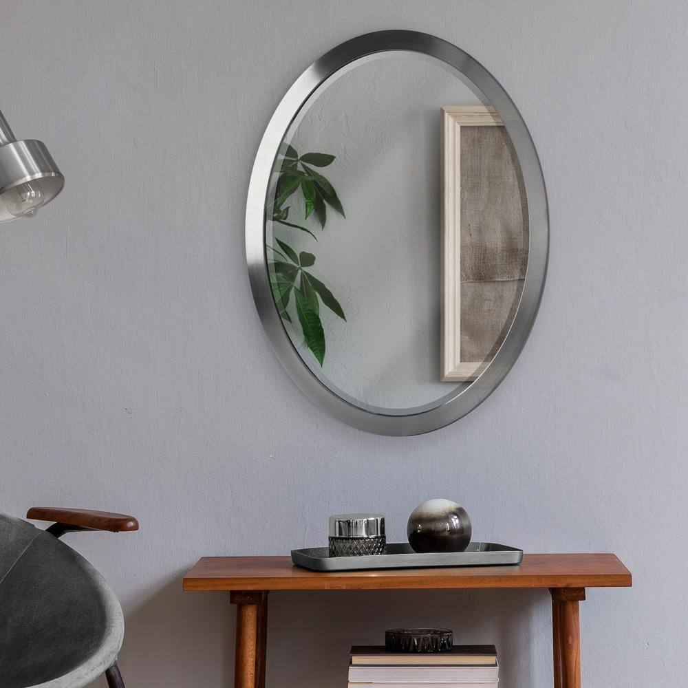 Brushed Nickel Oval Wall Mirror with Silver Frame