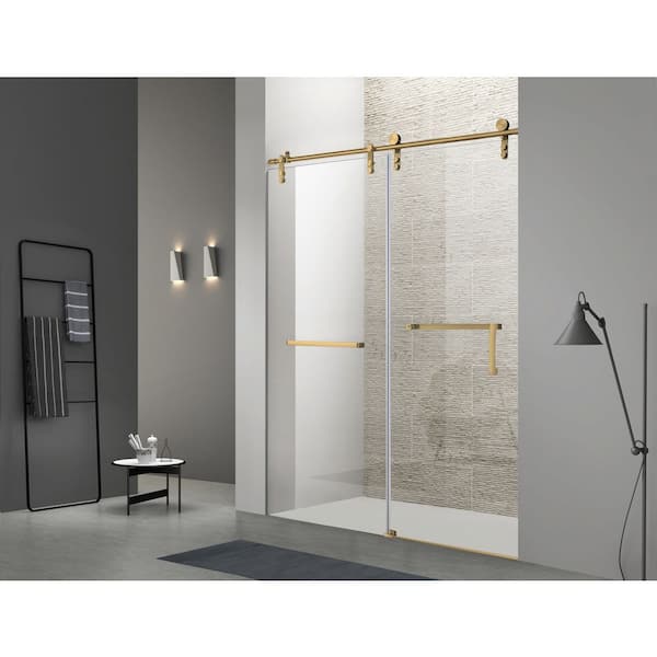 60 in. W x 76 in. H Single Sliding Frameless Shower Door in Gold with 5/16 in. Tempered Glass