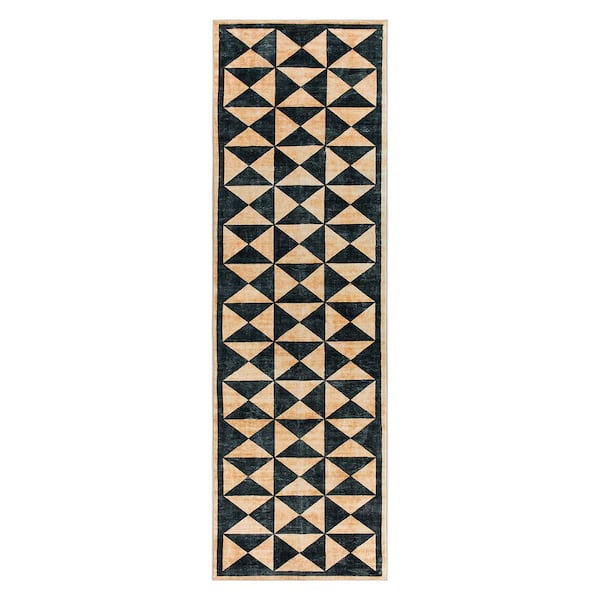 Geometric Diamond Washable Non Slip Natural 2 ft. x 10 ft. Runner Rug
