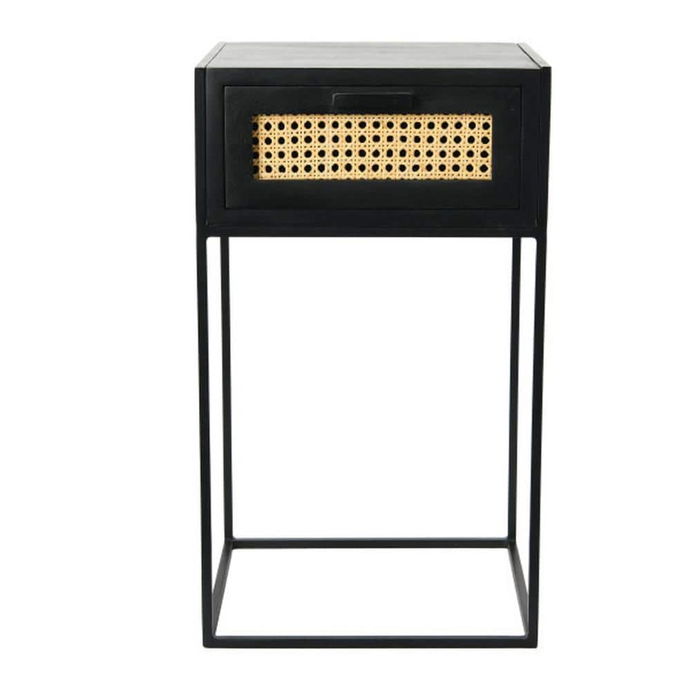 Compact Black Mango Wood Nightstand with Woven Cane Drawer