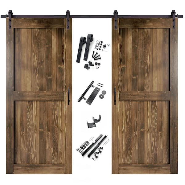 HOMACER 42 in. x 84 in. H-Frame Walnut Double Pine Wood Interior Sliding Barn Door with Hardware Kit, Non-Bypass