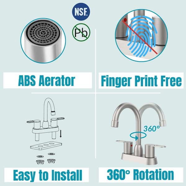 4 in. Centerset 2-Handle Bathroom Faucet with 360° Swivel Spout in Brushed Nickel