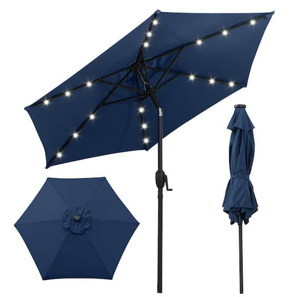 7.5 ft. Steel Market Solar Patio Umbrella with 18 LED Lights and Crank Handle in Navy Blue