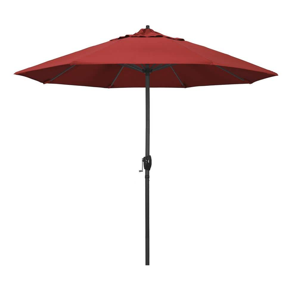 California Umbrella 9 ft. Black Aluminum Market Patio Umbrella Auto Tilt in Red Olefin